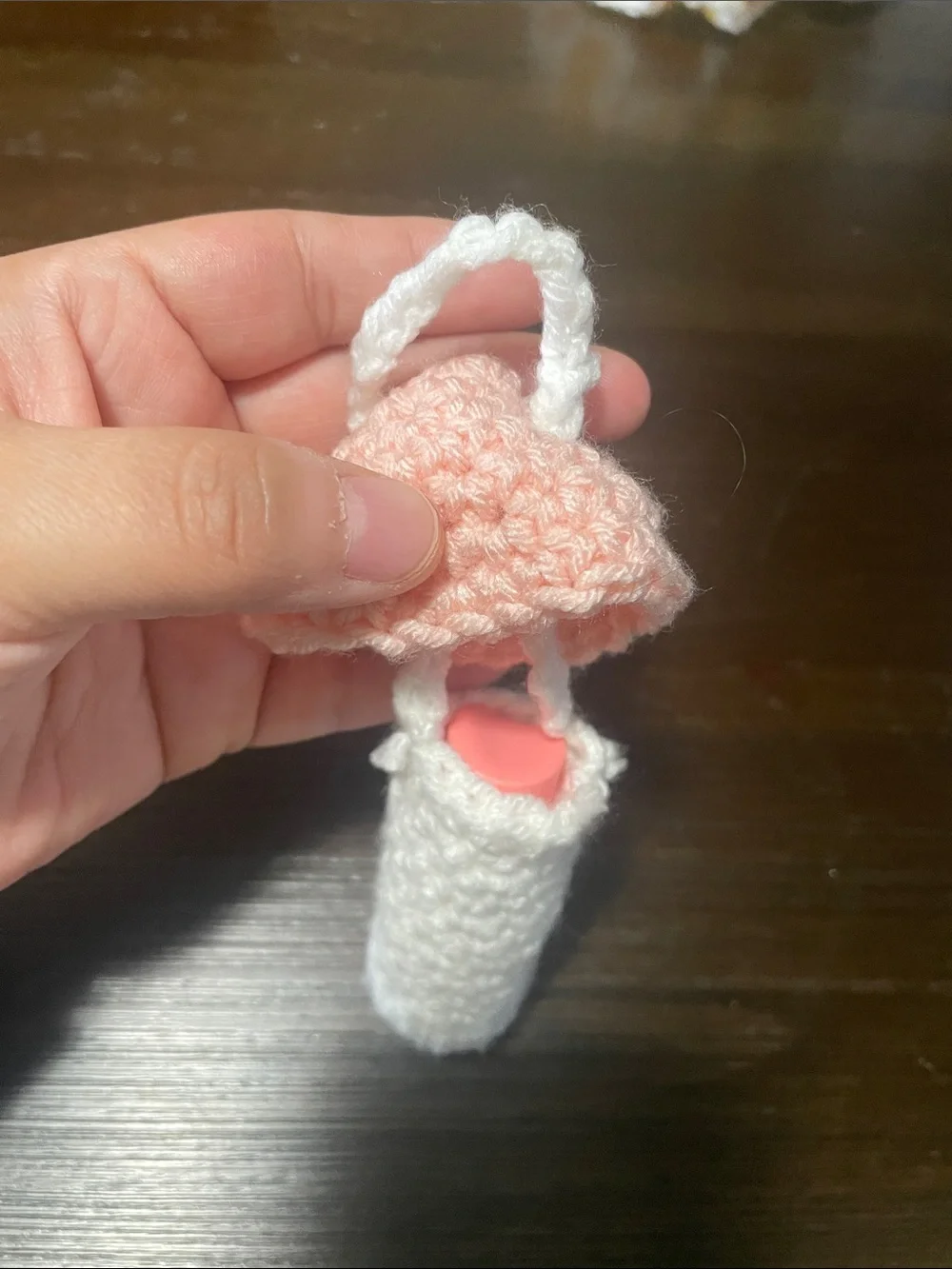 Handmade Pink and White mushroom Crochet chapstick Holder for Kids